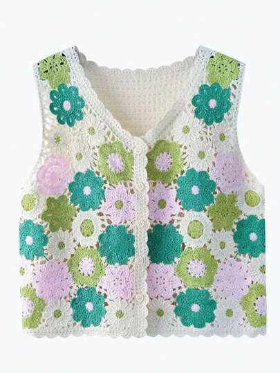 Colete de malha feminino retrô bordado com meio botão vazado e estampa floral em bloco de cores, estilo praia para férias