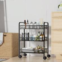 Kitchen Trolley:Rolling Utility Cart Basket Stand For Kitchen & Bathroom, Full Metal Storage Art Trolley Carts With Wheels & 4 Side Hooks (3 Tier, Black) - 黑色 - 查看 4