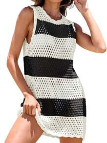 Womens Swimsuit Cover Up Sleeveless Knit Summer Outfits Swimwear Bathing Suit Coverup Crochet Backless Hollow-Out Beach Dress - 條紋 - 查看 1