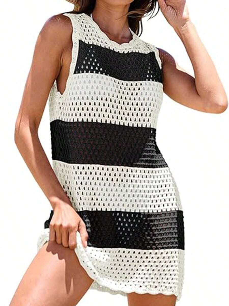 Womens Swimsuit Cover Up Sleeveless Knit Summer Outfits Swimwear Bathing Suit Coverup Crochet Backless Hollow-Out Beach Dress - 條紋 - 查看 1