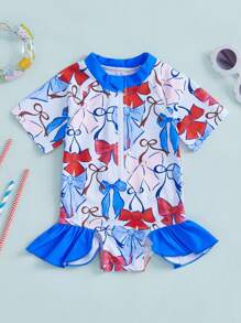 Baby Girl Rash Guard Swimsuits Short Sleeve Round Neck Ruffle Bathing Suit Toddler Swimwear - Blue - View 6