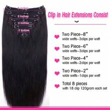 18-Clip 8pcs/Set Straight Brazilian Human Hair Extensions, Natural Black Color, 16 Inches - S1 - View 5