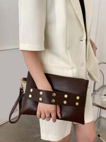 Women's Vintage Clutch Purse,Fashionable Solid Color Rivet Clutch Purse, Simple And Stylish Envelope Bag With Rivet Inlay Design Handbag For Work, Commuting, Dating, Parties