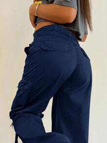 Y2K街头风翻盖口袋带细节宽松休闲阔腿降落伞工装裤 - 深藍色 - 查看 4