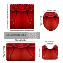 [Popular Choice] 1pc/4pcs Bathroom Shower Curtain Set, Bathroom Decor, Red Patterned Shower Curtain, Seasonal Theme, Classic Luxury Bathroom Set, Includes 12 Hooks Summer Bathroom Accessories Back To School - Red - View 2