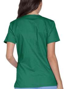 Blusa de cuello en V de manga corta, de estilo informal y uniforme de trabajo, de tela mate, para primavera - Verde - Ver 2