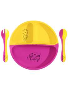 PopLittleOne 3件装婴儿硅胶餐具套装宝宝卡通图案餐具软勺叉吸盘喂食训练婴儿食物储存