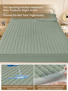 Sábana bajera impermeable, funda de colchón, cómoda y agradable para la piel, con estampado de cuadros lisos, decoración minimalista, sábana bajera ajustable para tamaños individual, matrimonial, king y queen, ideal para todas las estaciones, lavable a máquina, regalo para el Día de la Madre. - Verde - Ver 6