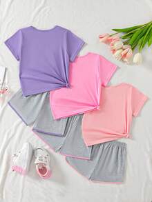 5pcs/Set Girls Summer Solid Color Heart Pattern Shorts Daily Outfit Suits - Multicolor - View 2