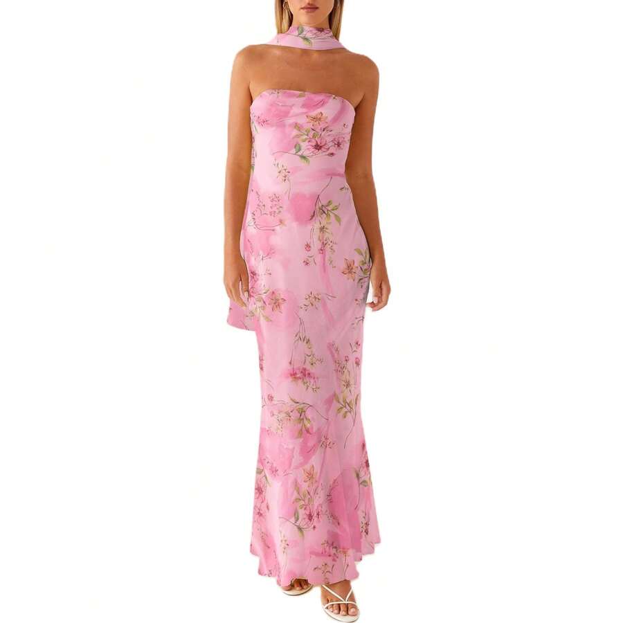 Womens Floral Strapless Dress Y2k Backless Sleeveless Tube Maxi Long Dresses Sexy Mesh Bodycon Summer Beachwear - Rose Bloom - 查看 1