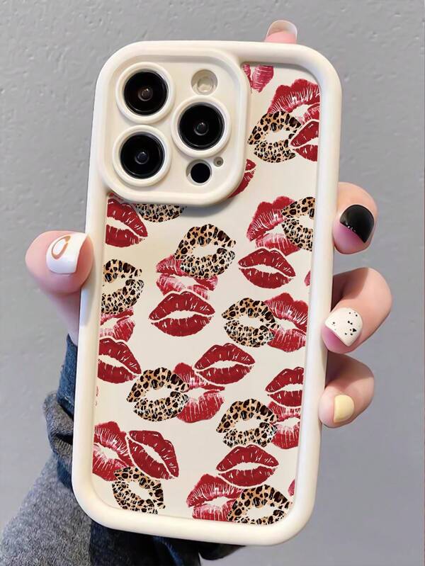Lips 1pc White Leopard Lip Print Shockproof Anti-Fingerprint Full Coverage Phone Case, Compatible With Iphone 11, 13, 12, 14, 15, 12 Pro, 12 Pro Max, 13 Pro, 13 Pro Max, 14 Pro, 14 Pro Max, 15 Pro, 15 Pro Max And Other Models