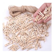 30Pcs Sturdy Mini Clothes Pins For Photo, Natural Wooden Clothespins With 33 FT Jute Twine, Small Clips For Crafts Display, Babyshower Game, Hanging Decorative Pictures, Cocktail, Weddings Room Decor