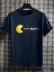 Plus Size Men's Galaxy Print Round Neck Casual Short Sleeve T-Shirt, Versatile Commute Wear - Royal Blue - View 2