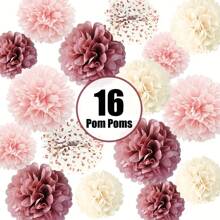 16pcs Paper Dusty Rose Pink Tissue Pom Poms Flowers For Bridal Shower, Birthday, Engagement, Bachelorettes, Valentine Decorations, Pink Party Decorations