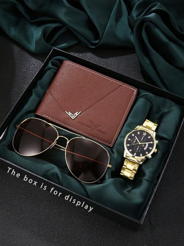 3 pièces Ensemble de montre d'homme d' chic et décontracté à la mode avec lunettes de soleil et portefeuille, convenant pour les sorties quotidiennes, idéal pour la remise des diplômes, le Jour de Thanksgiving, la Fête des Pères, cadeau d'anniversaire
