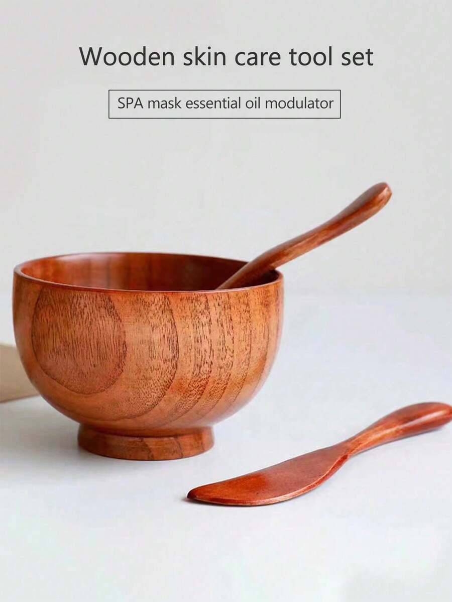 3pcs Facial Mask Tool Wooden Facial Mask Bowl Mask Mixing Stick Beauty Spa Tool Three Pieces Beauty Bowl Facial Mask Spoon Mixing Stick Beauty Tool Skin Care Tool Facial Mask Tool Facial Mask Bowl Mixing Stick Is Suitable For Daily Life In Family Bedroom Bathroom - Brown - View 1