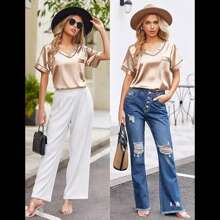 Silk Pajama For Women Short Sleeve, Set Of Two Piece, Soft Sleepwear Loungewear - Champagne - View 3