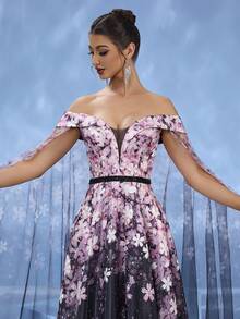 DELLA COUTURE 梦幻粉色碎花紧身修身晚礼服，飘逸薄纱设计，彰显高贵气质，腰部珠饰，优雅浪漫，拖地长裙，适合派对、晚宴、婚礼等正式场合，女士夏装 - 粉色 - 查看 4