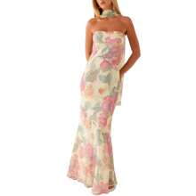 Womens Floral Strapless Dress Y2k Backless Sleeveless Tube Maxi Long Dresses Sexy Mesh Bodycon Summer Beachwear - Hoa nhài hồng - Xem 1