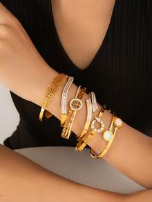 6 套 18K 镀金合成奢华不锈钢女士手链 节日期间送给自己和朋友的最佳礼物 可叠戴配饰 - 時尚手鐲 - 查看 10