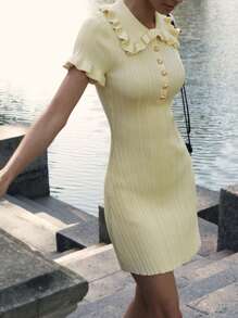 Women's Knit Short Dress Solid Color Ruffled Lapel Neck Short Sleeve Button Front Bodycon Dress For Summer - Yellow - View 1