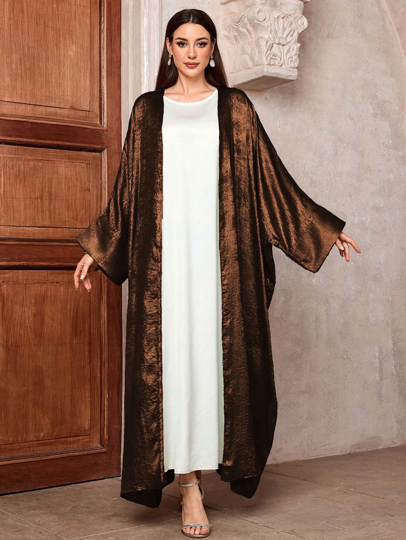 فستان كيمونو ساتان لامع بأكمام خفافيش للنساء، عباي...