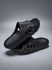 Unisex Fingerprint Lightweight, Elastic, Breathable Slide Sandals - Black - View 2