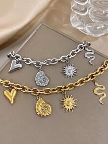 1Pc Stylish Sun Snake Seashell Heart Pendant Stainless Steel Bracelet For Women & Couples - Beach Essential, Summer Must-Have, Holiday Gift, Travel Jewelry - Gold & Silver Options - Multicolor - View 6