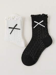 4 双小女孩蝴蝶蕾丝边网眼袜，轻便夏季、春季/秋季，适合 2-3 岁/3-8 岁/8-12 岁 - 黑與白 - 查看 8