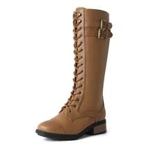 Women's Camel Faux Leather Pu Knee High Riding Combat Boots - 駝色 - 查看 2