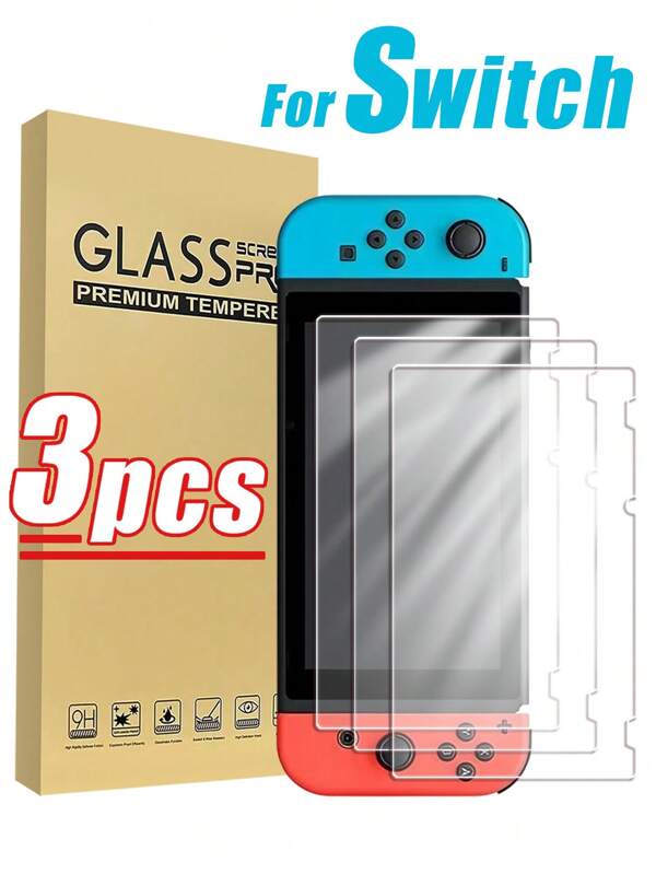3 Stücke/Set gehärtetes Glas Bildschirmschutz, hochempfindlich, wasserdicht, fingerabdruckfest, stoßfest, kratzfest, kompatibel mit Switch/ Switch Lite/ Switch OLED