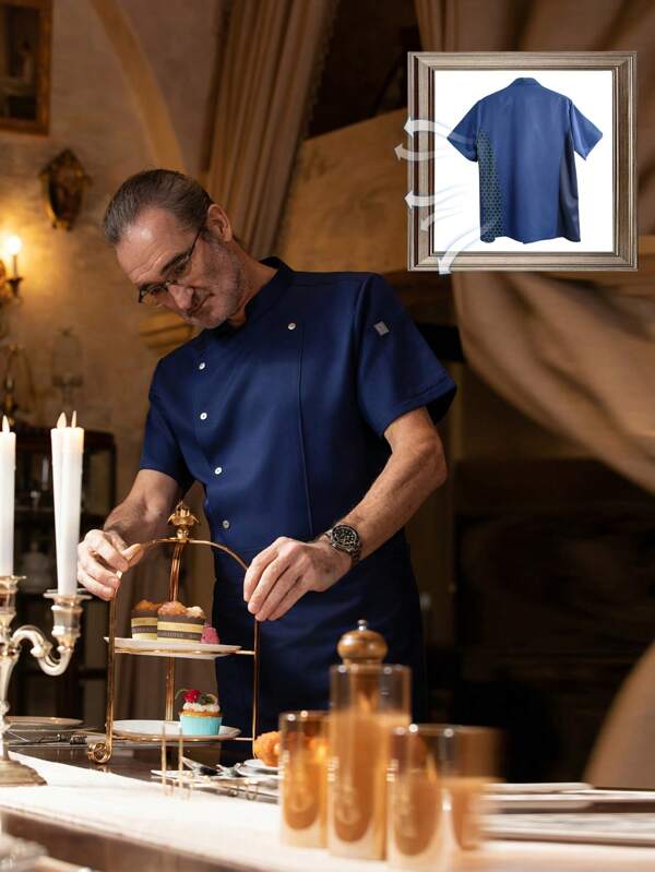 Bata de chef de manga corta azul de talla grande, de tela suave, agradable a la piel y cómoda, con diseño de 6 botones, sencilla y de moda, adecuada para servicios de catering, repostería, panadería, cocina de hotel, cocina de restaurante, uniforme de chef de manga corta para verano, unisex, bata de chef, uniforme de chef azul de manga corta, ropa de trabajo de chef ejecutivo de hotel de 5 estrellas para verano, disponible en talla pequeña