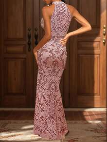 Vestido de fiesta con abertura alta, inserto de malla y estampado para mujer, para eventos formales, vestido de boda, novia