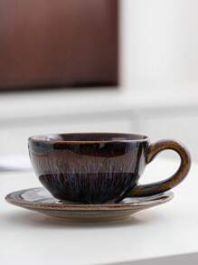 1pc 170ml Ceramic Coffee Cup & Saucer Set, Reactive Glaze Creative European Style Coffee Mug, Vintage Latte, Espresso, Breakfast Cup Back To School