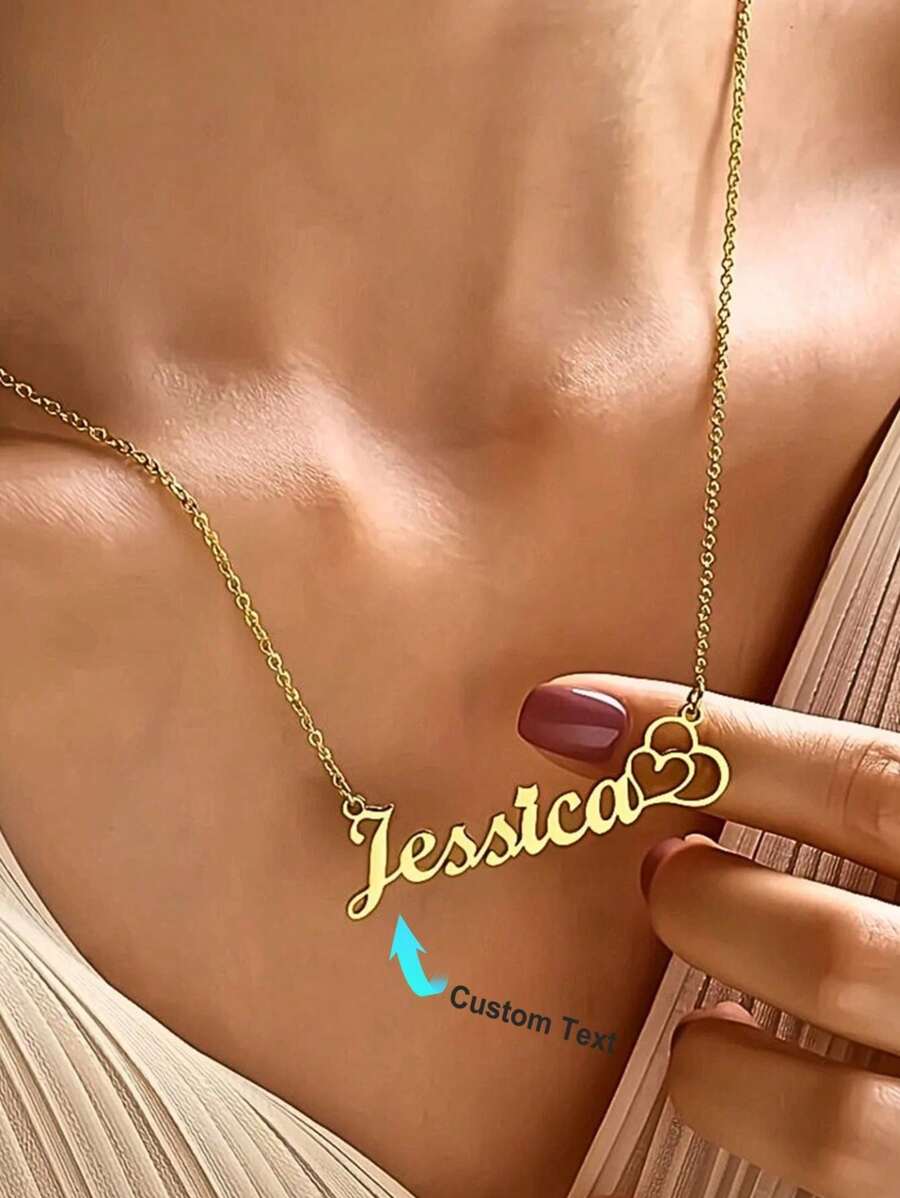 1入定製雙心名字項鍊女士金色個性化名字項鍊，帶雙心不銹鋼珠寶禮物 - 銀色 - 查看 1