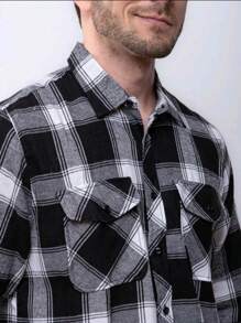 Men's Long Sleeve Plaid Flannel Shirt - 黑與白 - 查看 2