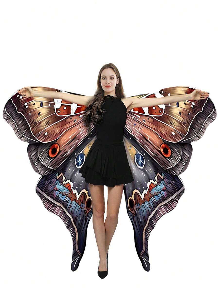 1 件万圣节蝴蝶翅膀服装女童印花飞蛾披肩披肩飞蛾蝴蝶斗篷 - 彩色 - 查看 1