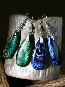 Brincos pendurados em formato de gota vintage, decoração de pedra natural, estilo boêmio retrô, enfeites de orelha para feriados, gradiente de cor, azul e verde
