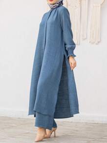 2 Stücke Freizeit-Set: Rundhalsausschnitt, einfarbiges Cardigan-Oberteil und lange Hose mit elastischer Taille, elegantes Outfit für Gartenparty, Pendeln, Arbeit, Frühling/Sommer/Herbst, bescheiden