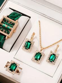 3pcs/Set Women's Geometric Square Rhinestone Necklace, Earrings, And Ring Set, European And American Style - Gold - View 1