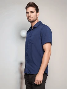 Rand paul Men's Slim Fit Short Sleeve Plain Dress Shirt With Pocket - 藏蓝色 - 查看 4
