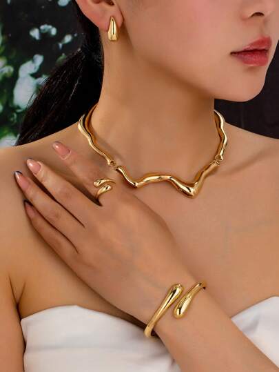 1Set Fashion Alloy Teardrop Earrings, Rings, Bracelets, Wave Pendant Necklace Combination, Suitable For Women's Daily Wear, Holiday Gifts, Beach Parties