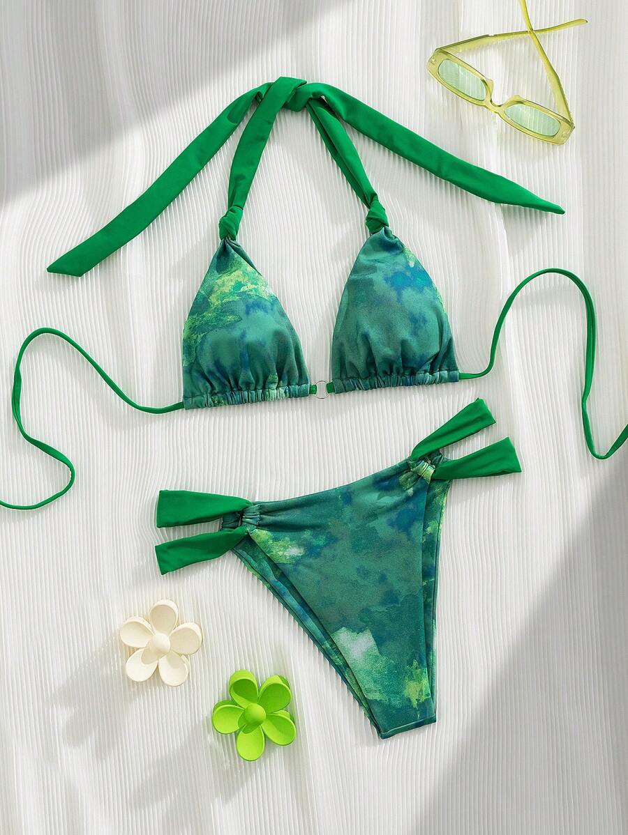 Sexy Summer Random Printed Bikini Swimwear, Beach Holiday Swimming Costume - Green - View 1