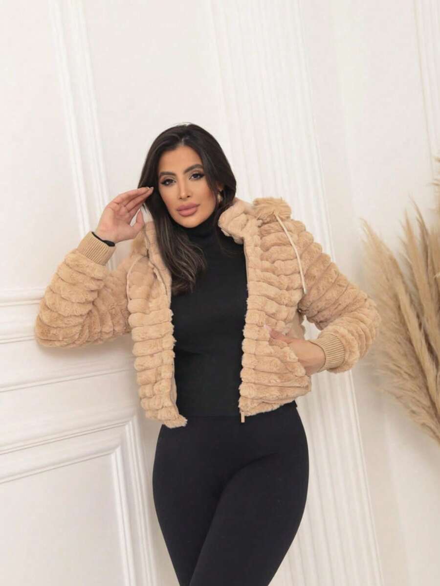 WOMEN'S PUFFER TEDDY JACKET WITH FUR AND HOOD, STYLISH AND COMFORTABLE, PREMIUM PIECE - 駝色 - 查看 1