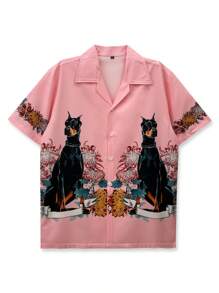 Camisa casual de playa con estampado para hombre, de manga corta, estilo de vacaciones, camisa hawaiana con diseño de perros - Rosa - Ver 2