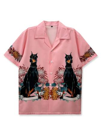Men's Printed Casual Beach Shirt, Short Sleeve, Vacation Style, Hawaiian Shirt, Dog Pattern Design