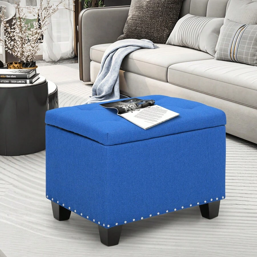 Microfiber Storage Ottoman With Wooden Legs, Tufted Upholstered Ottoman Couch Bench Chair Footrest Footstool For Living Room Bedroom, Navy Blue