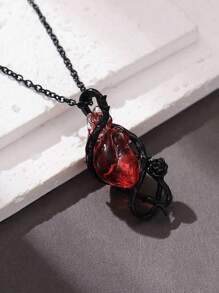 1pc Dark Gothic Style Hollow Thorns Wrap 3D Heart Pendant Necklace, Vine Spike Exaggerate Halloween Couple Clavicle Chain With Thorn Flower