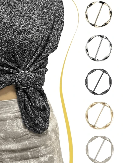 5pcs Multifunctional Alloy Buckle Set - Women's Metal Shirt Tie Clips, Fashionable Waist Cinching Buckles, Versatile Clothing Decorative Accessories, Suitable For Shirts And Tops, Easy-To-Use Shirt Shortening Clips, Create Stylish Front Tie Or Waist Cinching Looks, Perfect For Casual Or Formal Outfits.