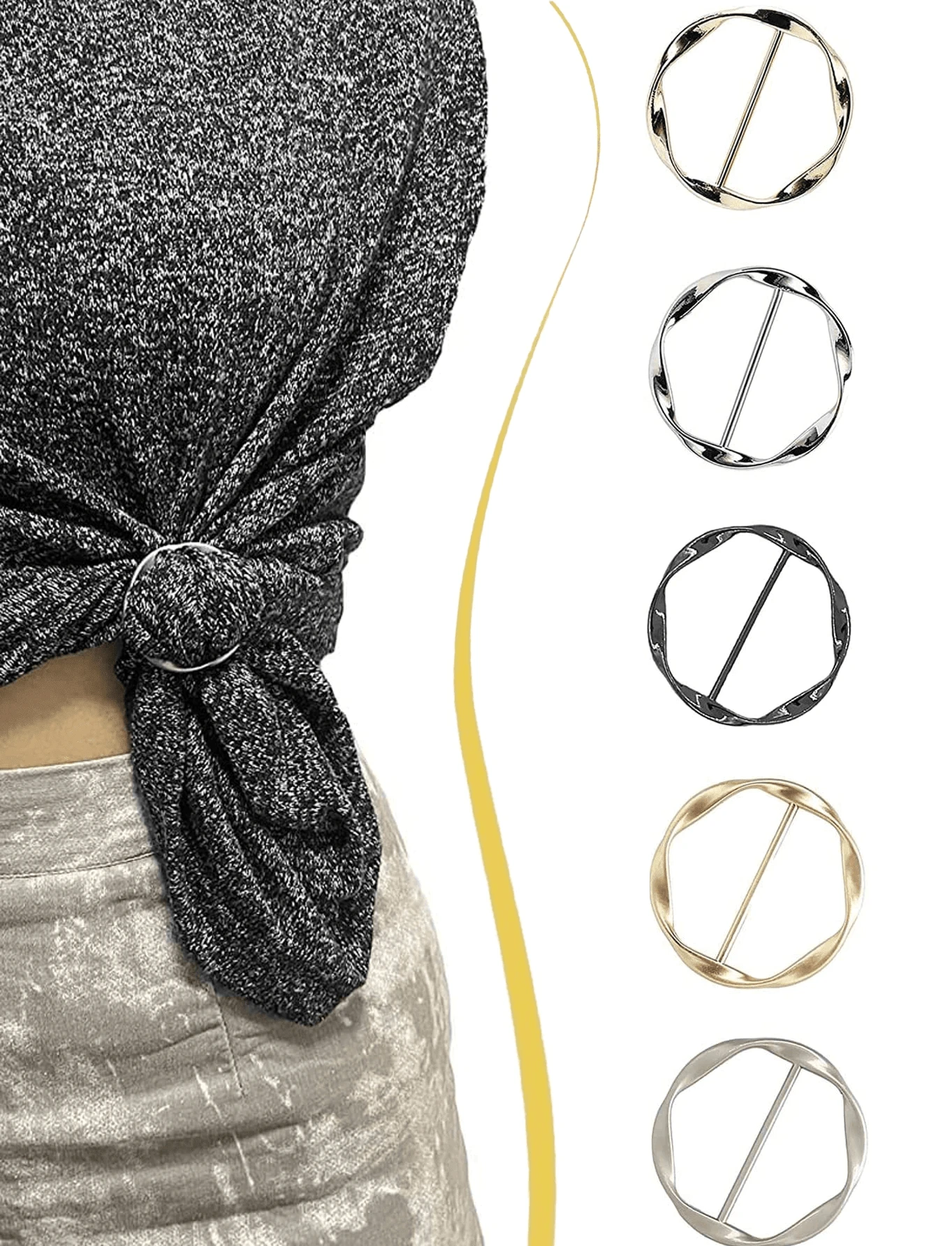 5件套多功能合金扣套装 - 女士金属衬衫领带夹，时尚腰部收紧扣，多功能服装装饰配件，适用于衬衫和上衣，易于使用的衬衫缩短夹，打造时尚的前系带或腰部收紧造型，完美搭配休闲或正式服装。